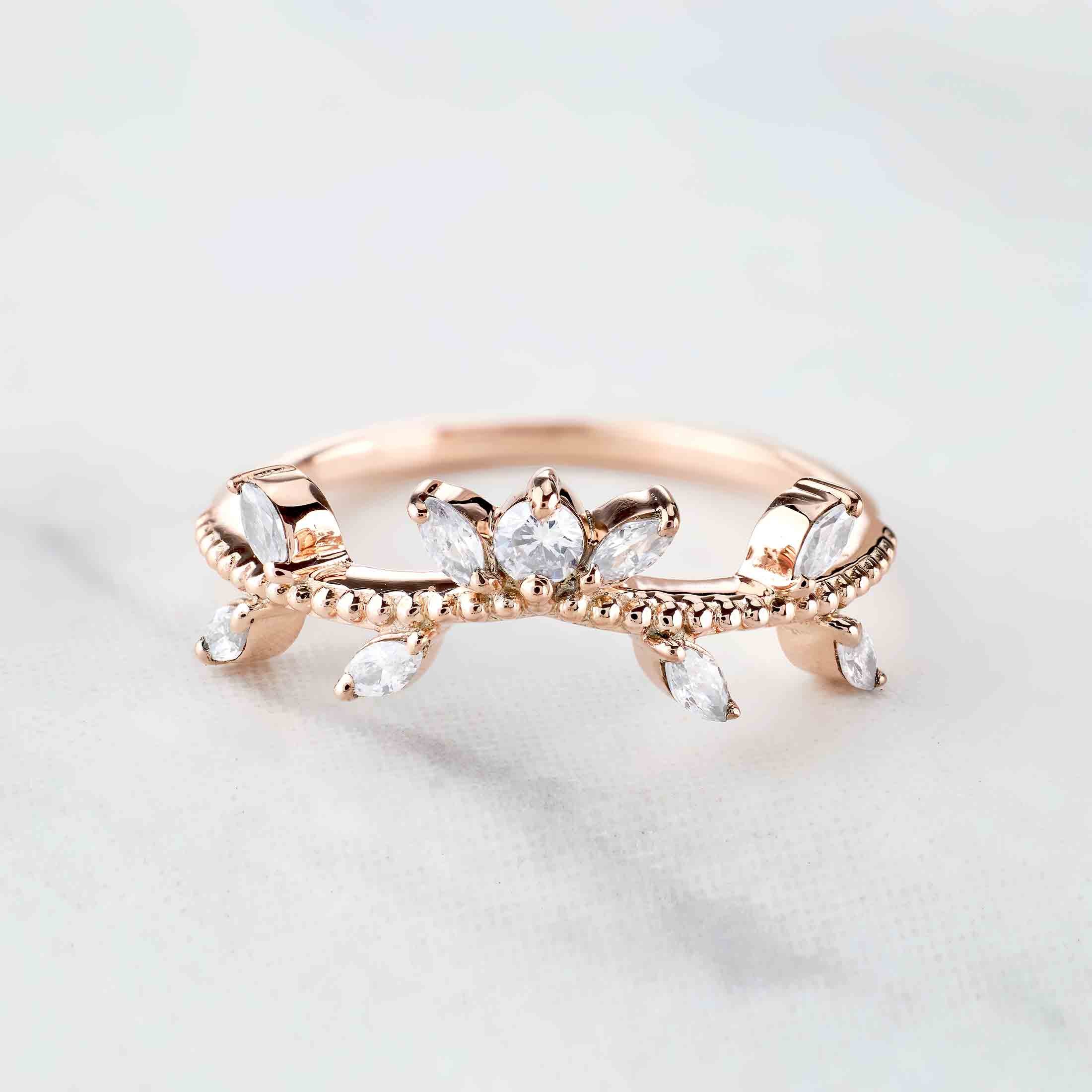 AAA CZ Enhancer Wedding Band Rose Gold Curved Stack Art Deco