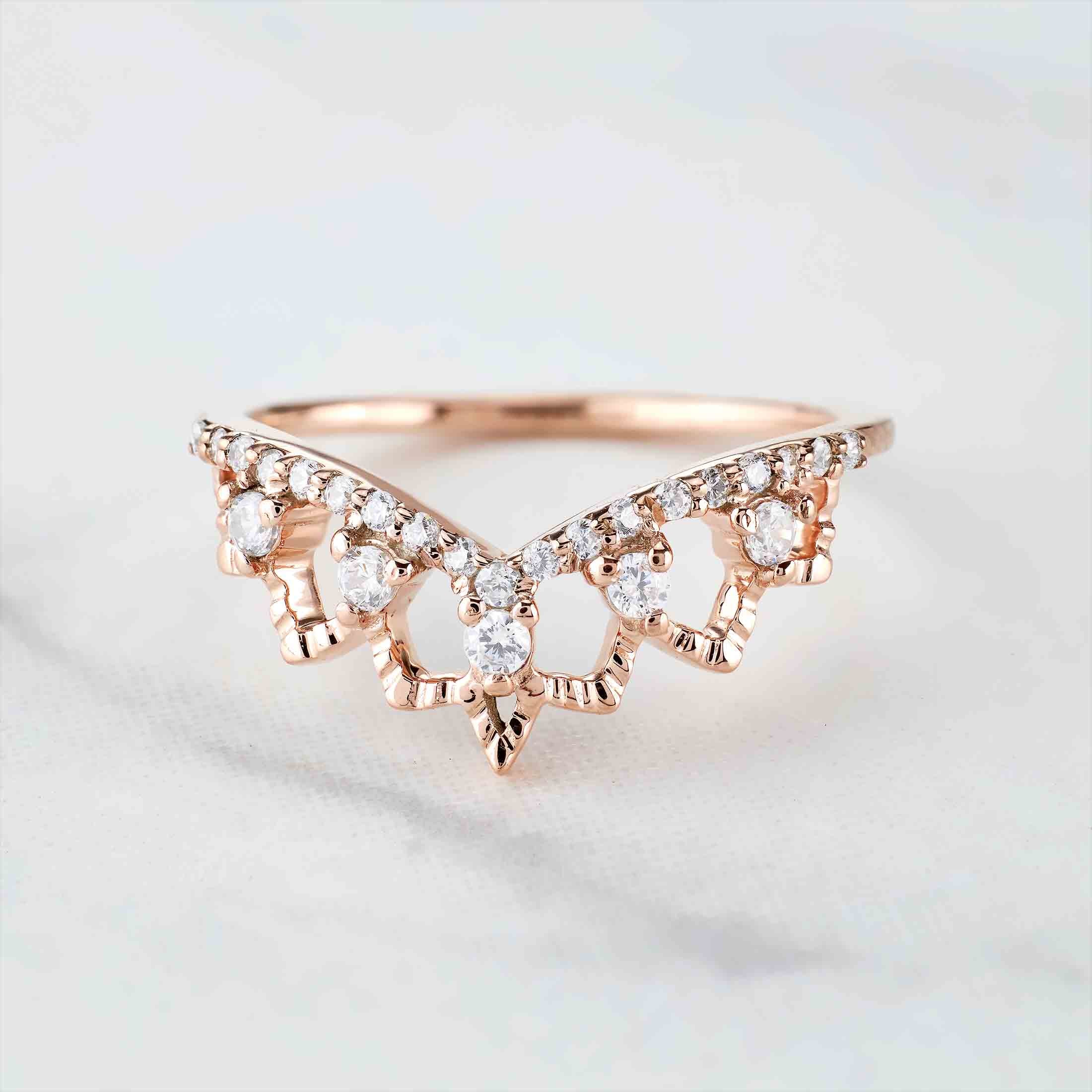 Art Deco Ring Enhancer CZ Tiara Wedding Band Crown Engagement Ring Rose Gold