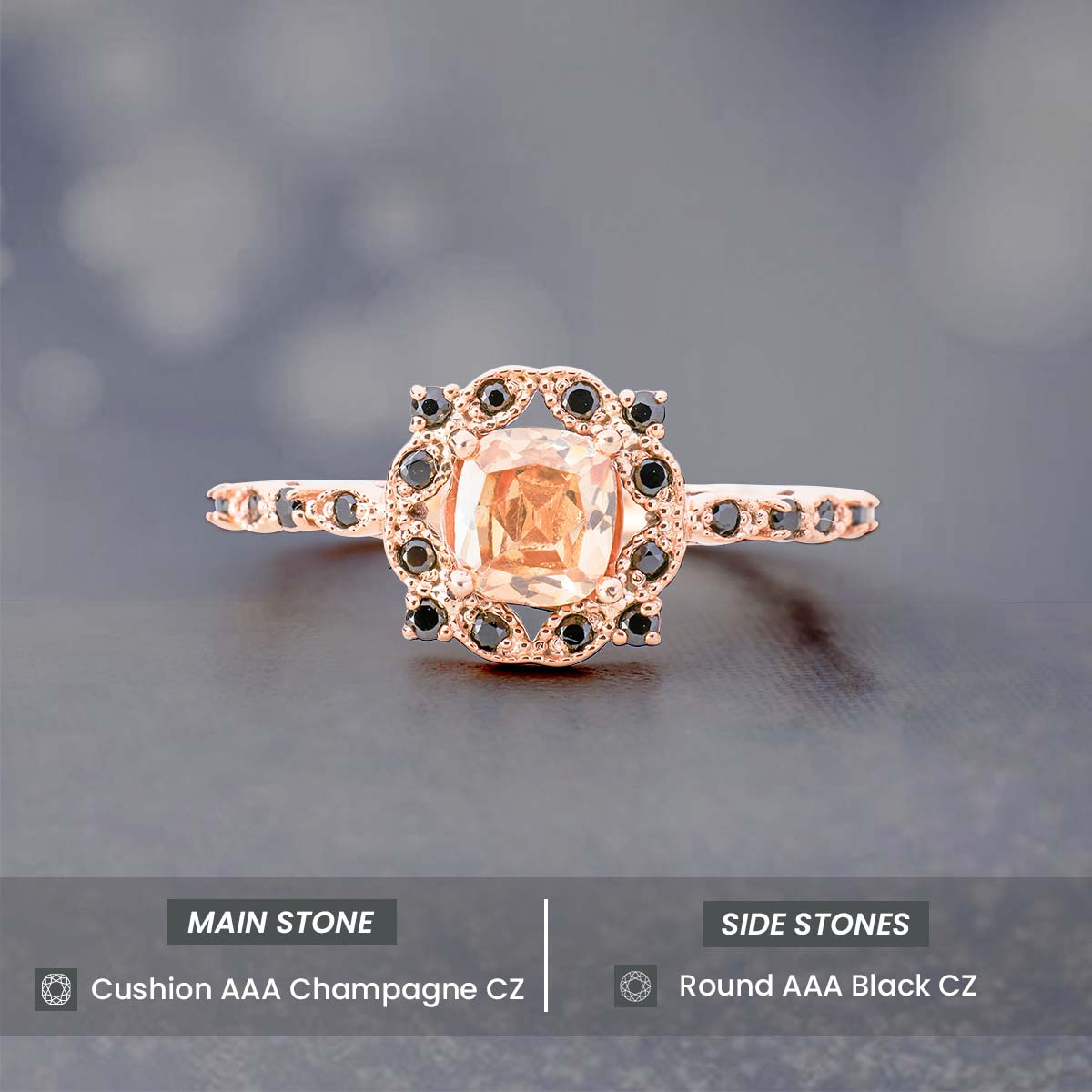 Vintage Engagement Rings Milgrain Art Deco Rose Gold Ring Cushion Cut Gemstone