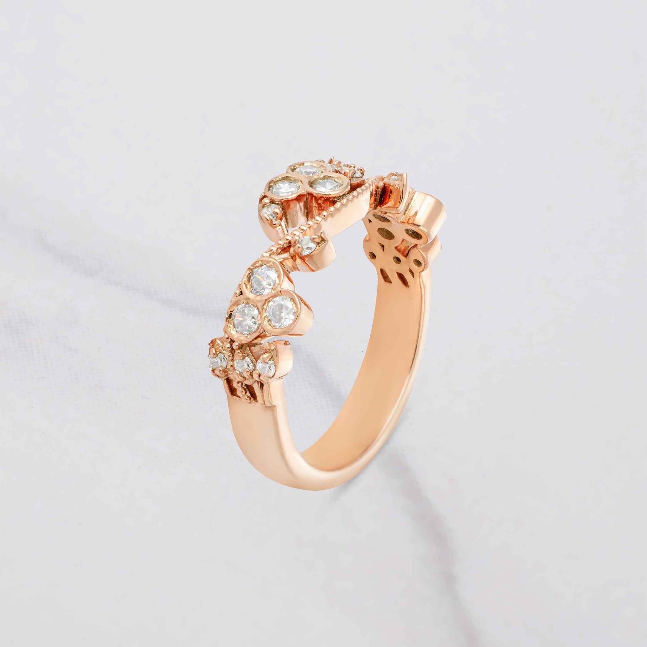 Floral Art Deco Wedding Band for Her Moissanite Diamond Anniversary Band Gift Rose Gold White Gold