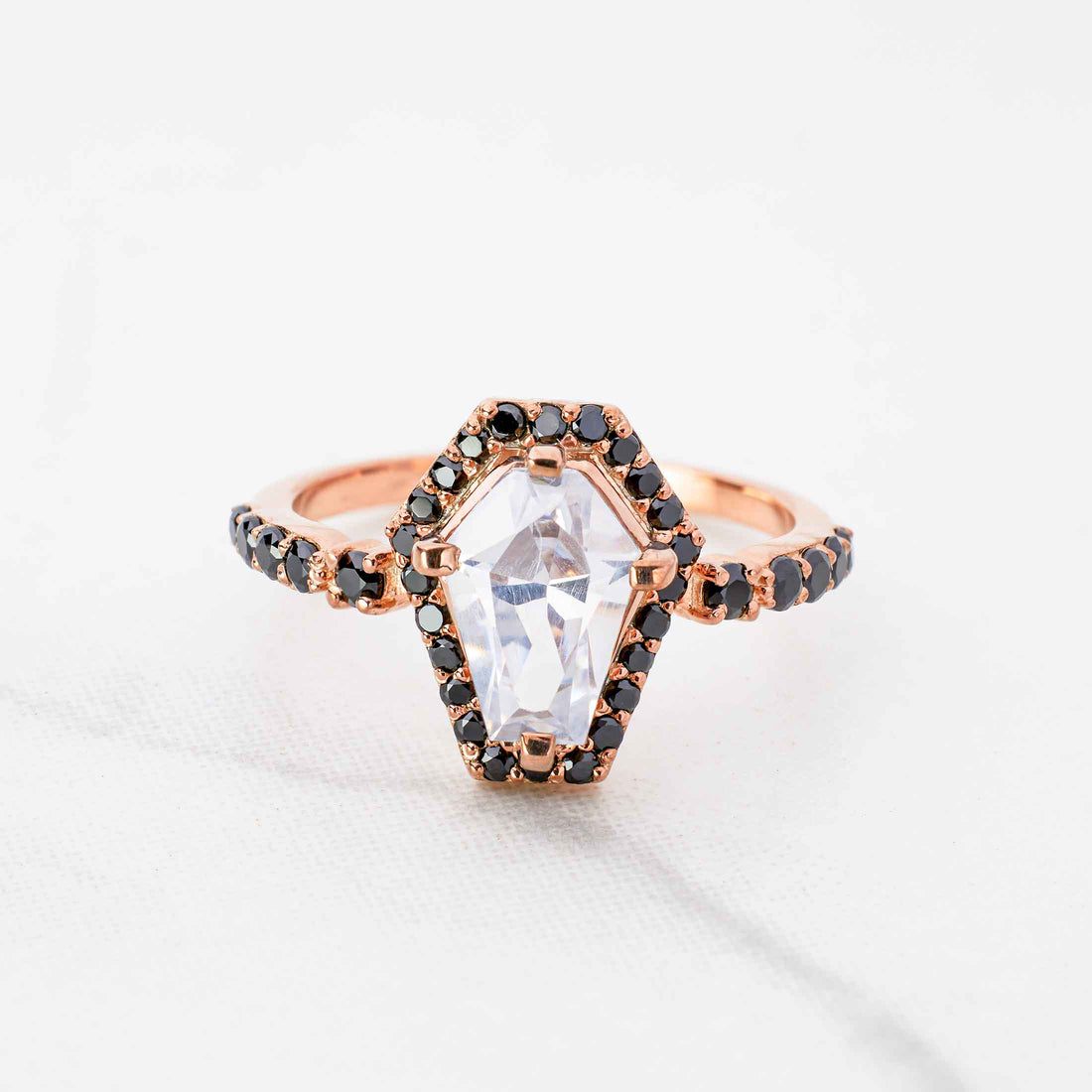 Coffin Cut Moissanite Diamond Engagement Rings Till Death Do Us Part Gothic Wedding Ring Rose gold Halo Statement