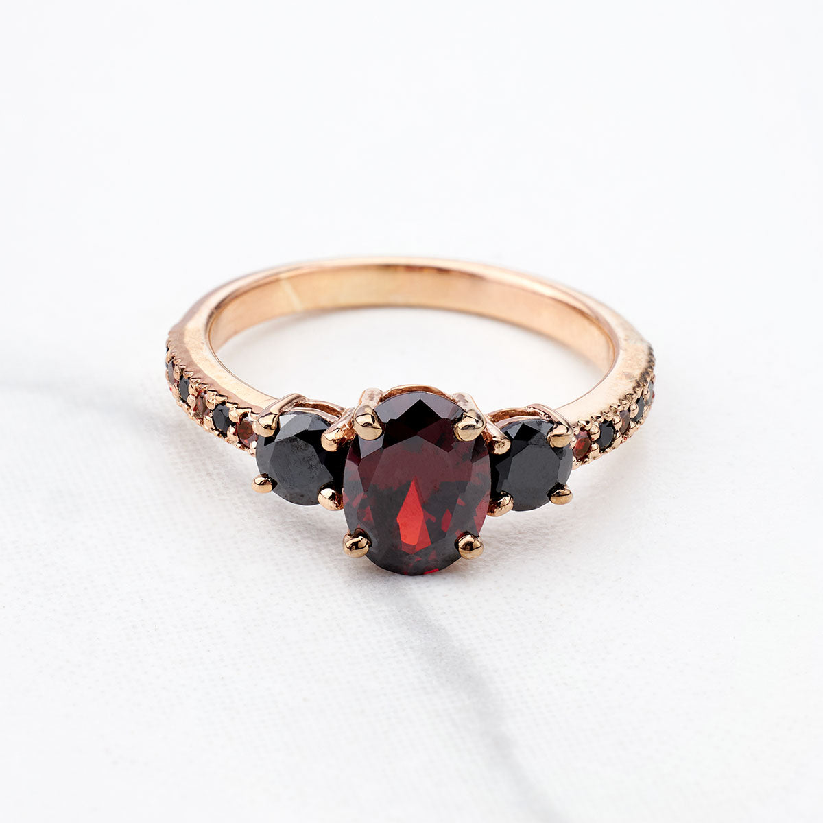 Red and Black Gothic Ring Multi Gemstone Oval Cut 3 Stone Engagement Ring