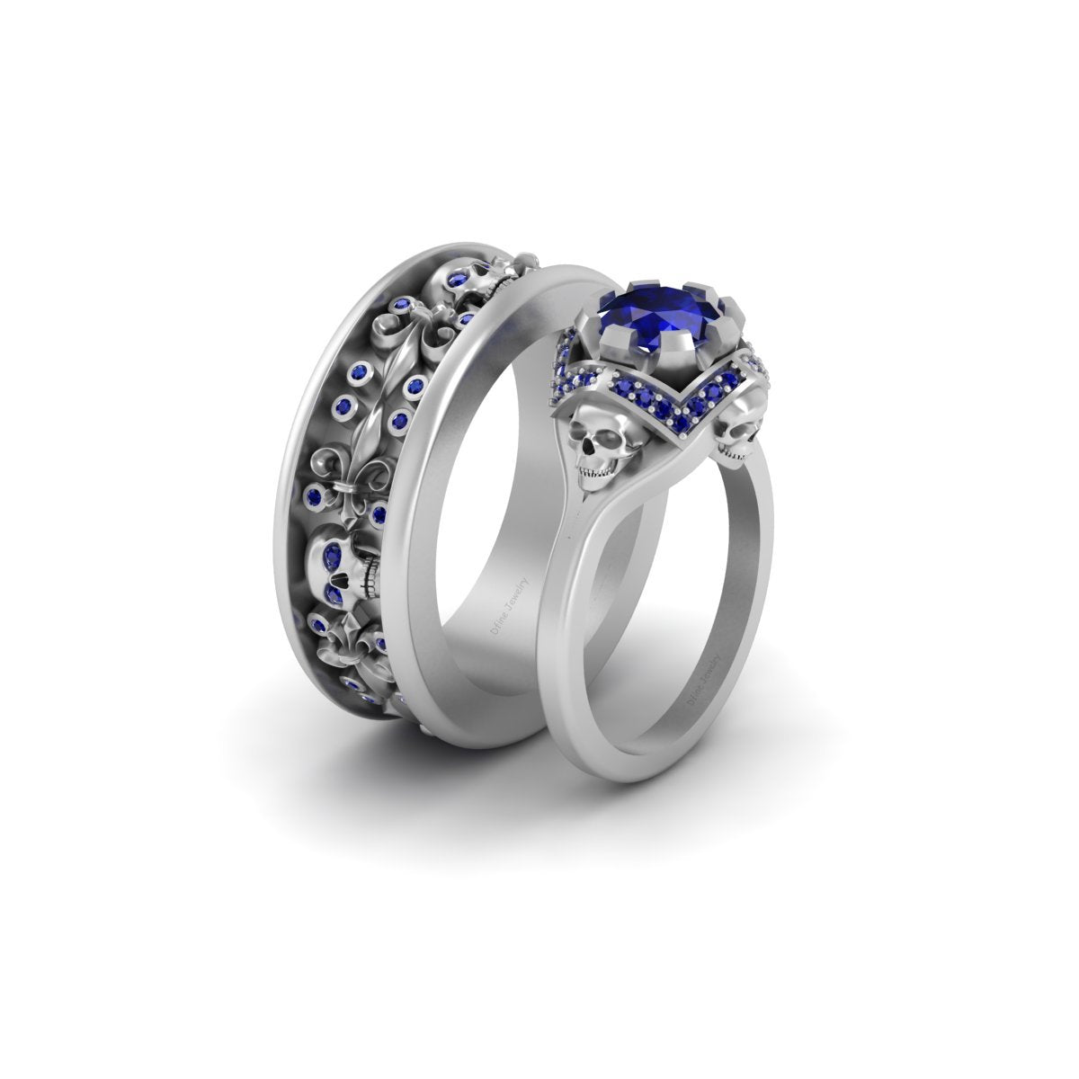 1.95TCW Sapphire Skull Wedding Rings