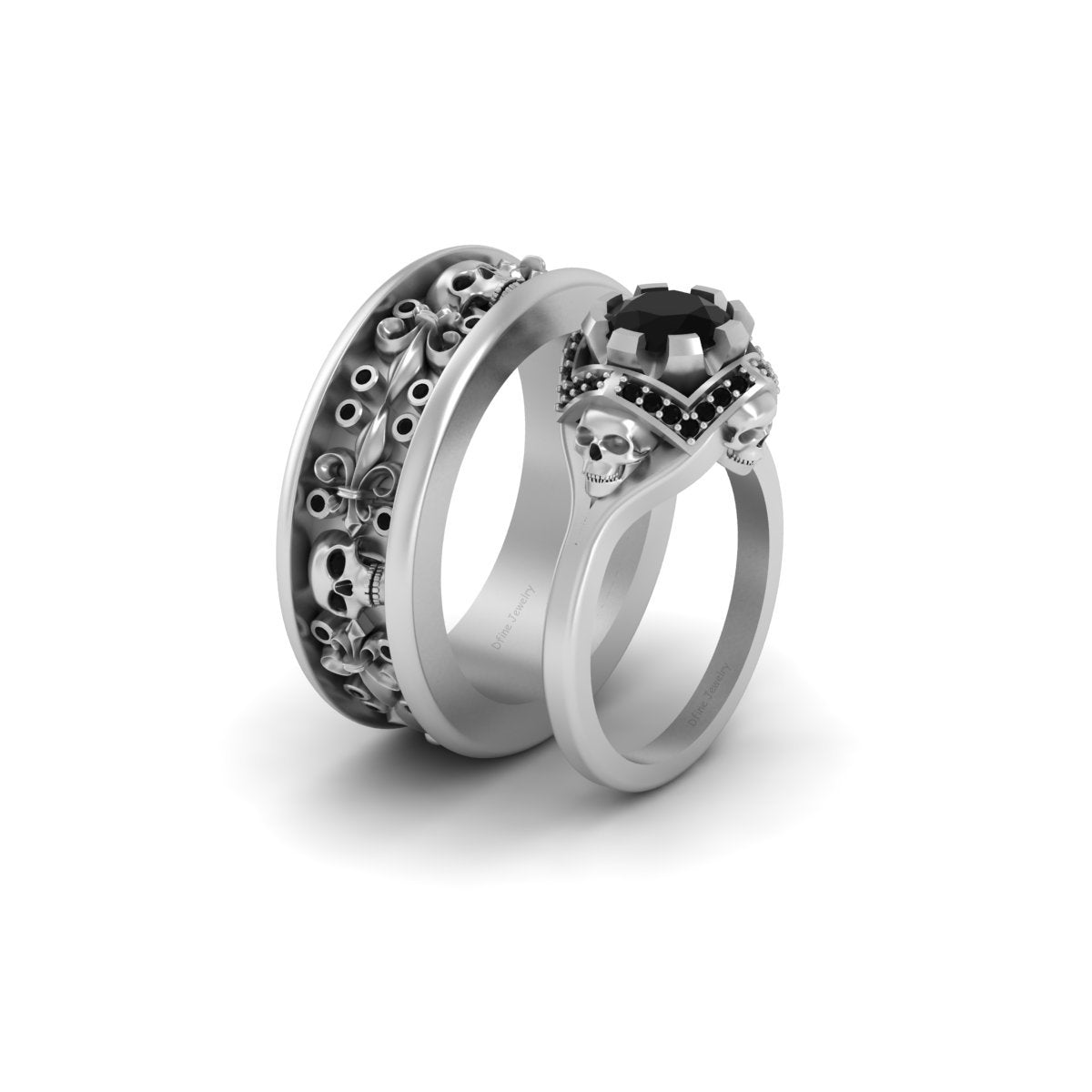 Flower Skull Engagement Ring Set Black Onyx Matching Skull Rings 