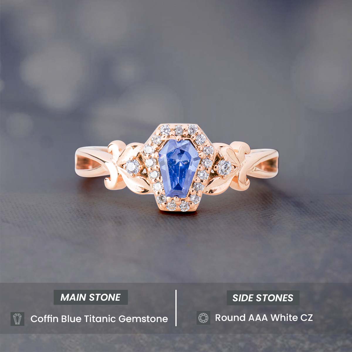 Art Nouveau Coffin Ring Blue Titanic Gemstone Engagement Rings Rose Gold