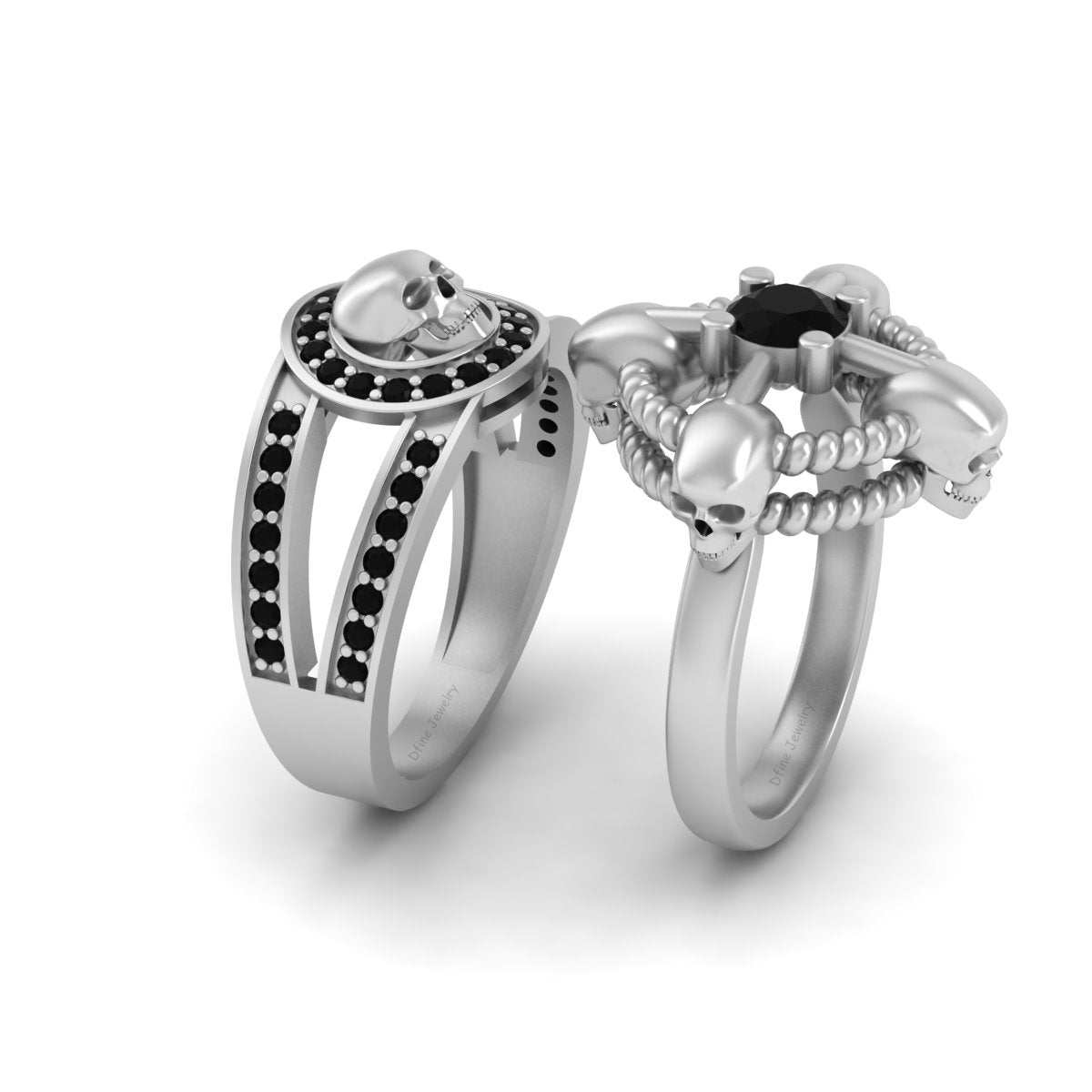 Black Onyx Skull Couple Rings Skull Wedding Ring Set Solid White 