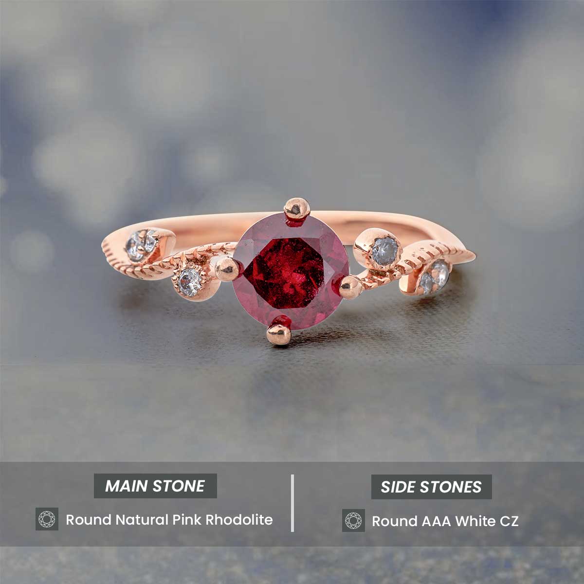 Natural Rhodolite Ring Pink Gemstone Art Deco Engagement Ring