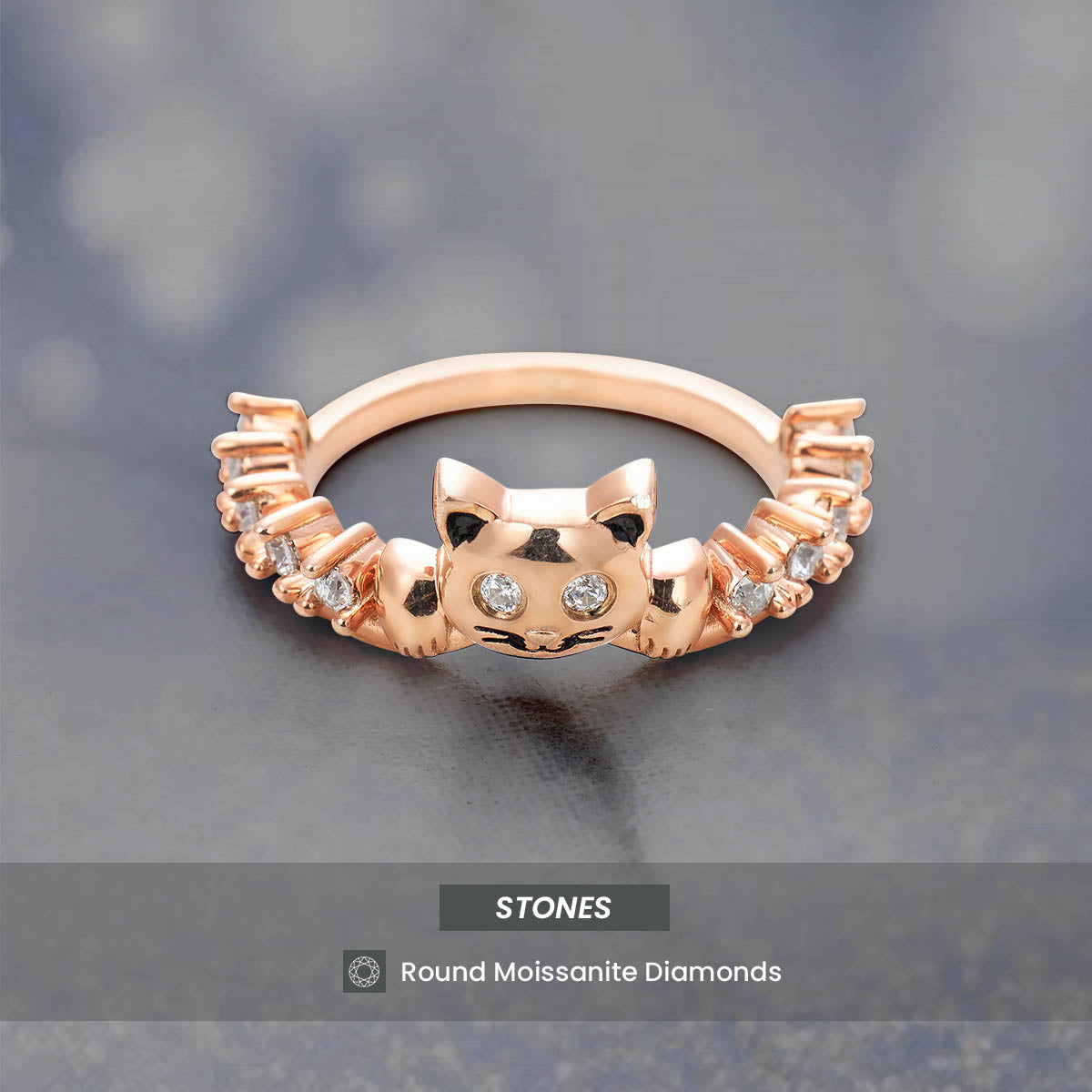 Diamond Cat Ring Wedding Band Stacking Promise Anniversary Rose Gold White Gold Sterling Silver