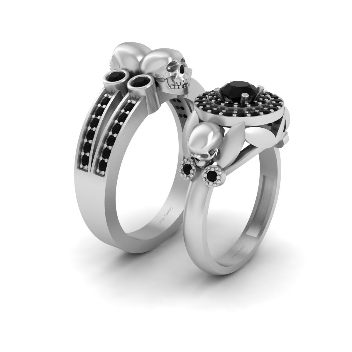 1.25tcw Onyx Skull Engagement Rings His and Her Skull Ring Set 