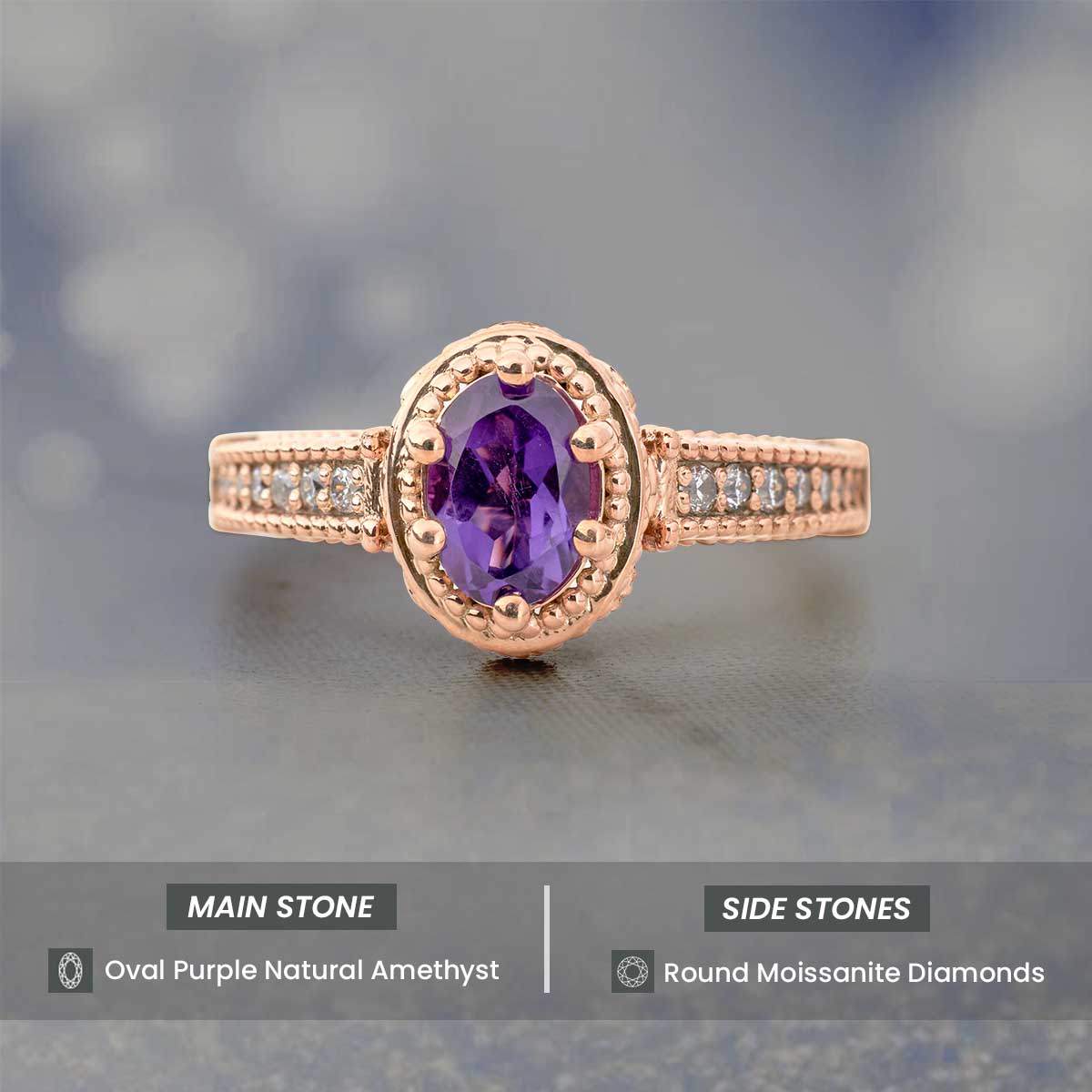 1920's Inspired Vintage Ring Oval Cut Amethyst Engagement Ring Art Deco Milgrain Rose Gold Sterling Silver
