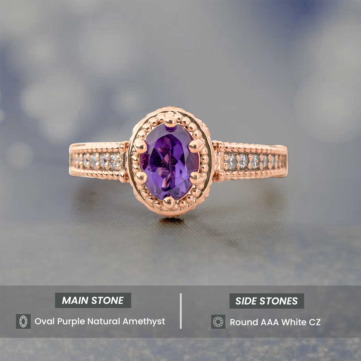 1920's Inspired Vintage Ring Oval Cut Amethyst Engagement Ring Art Deco Milgrain Rose Gold Sterling Silver