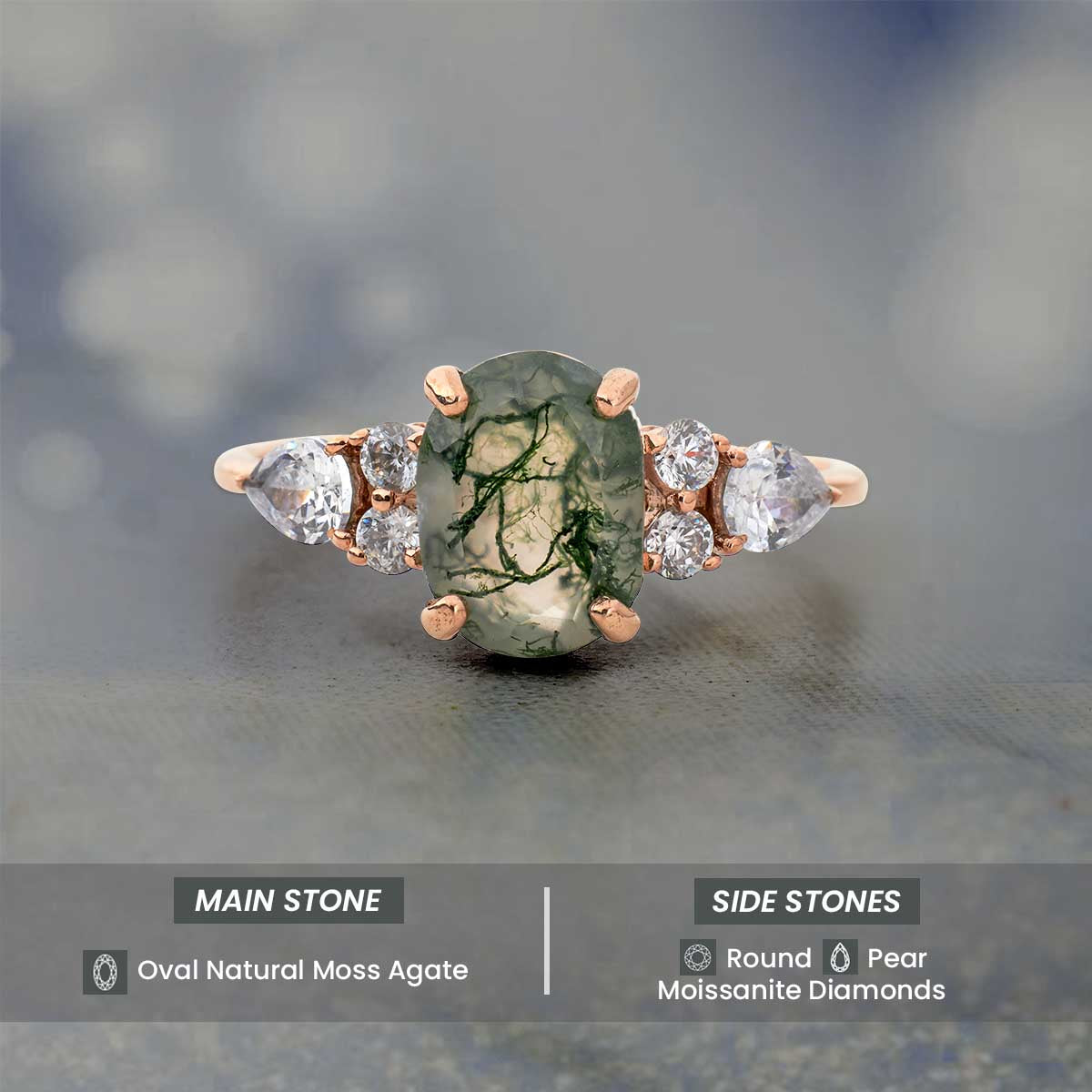 Oval Cut Natural Moss Agate Ring Pear Round Moissanite Unique Gemstone Engagement Ring Rose Gold Sterling Silver