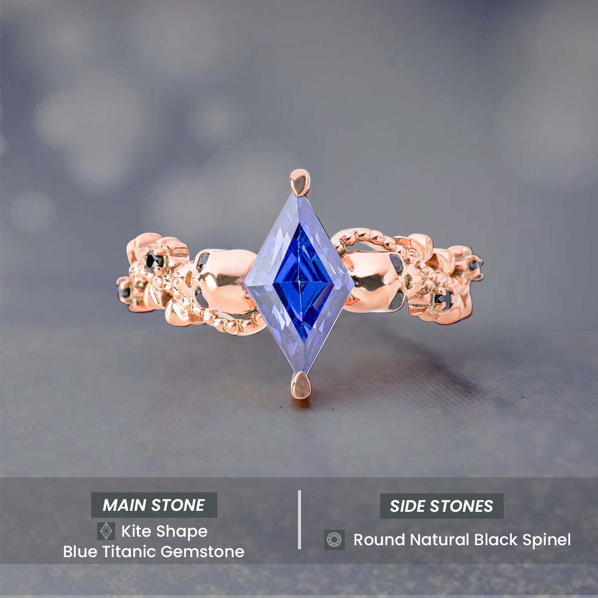 Floral Art Deco Skull Ring Blue Titanic Gemstone Kite Cut Gothic Engagement Rings Rose gold