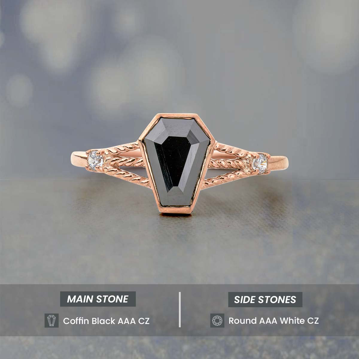 Black Spinel Coffin Ring Coffin Cut Gemstone Engagement Ring Rose gold Sterling Silver