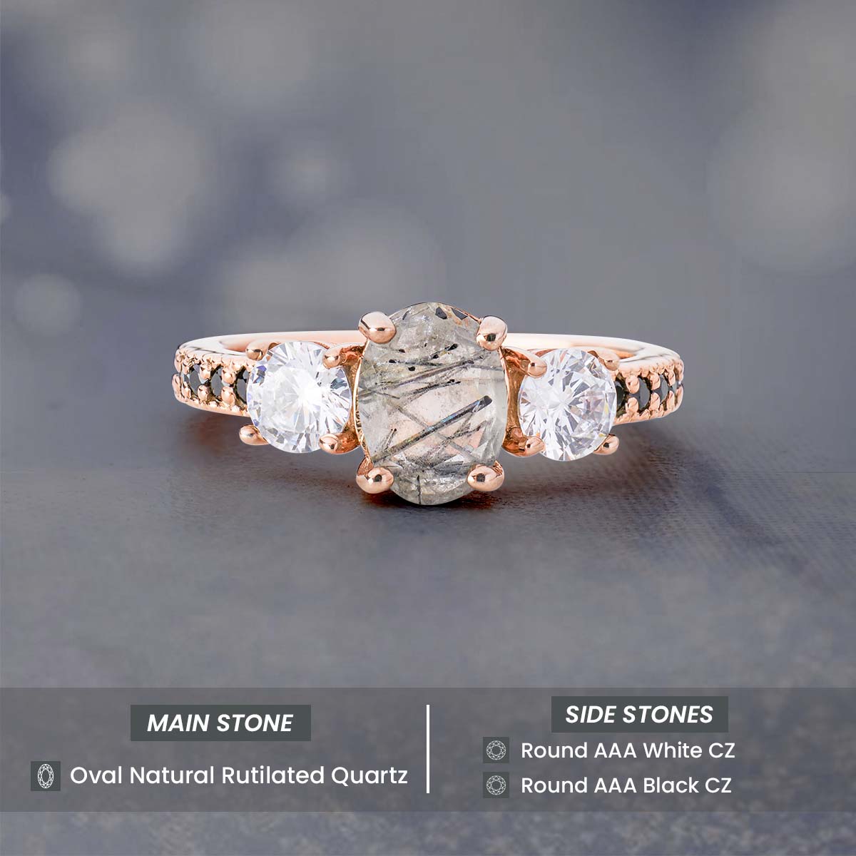 Oval Rutilated Quartz Ring 3 Stone Engagement Ring Rose Gold