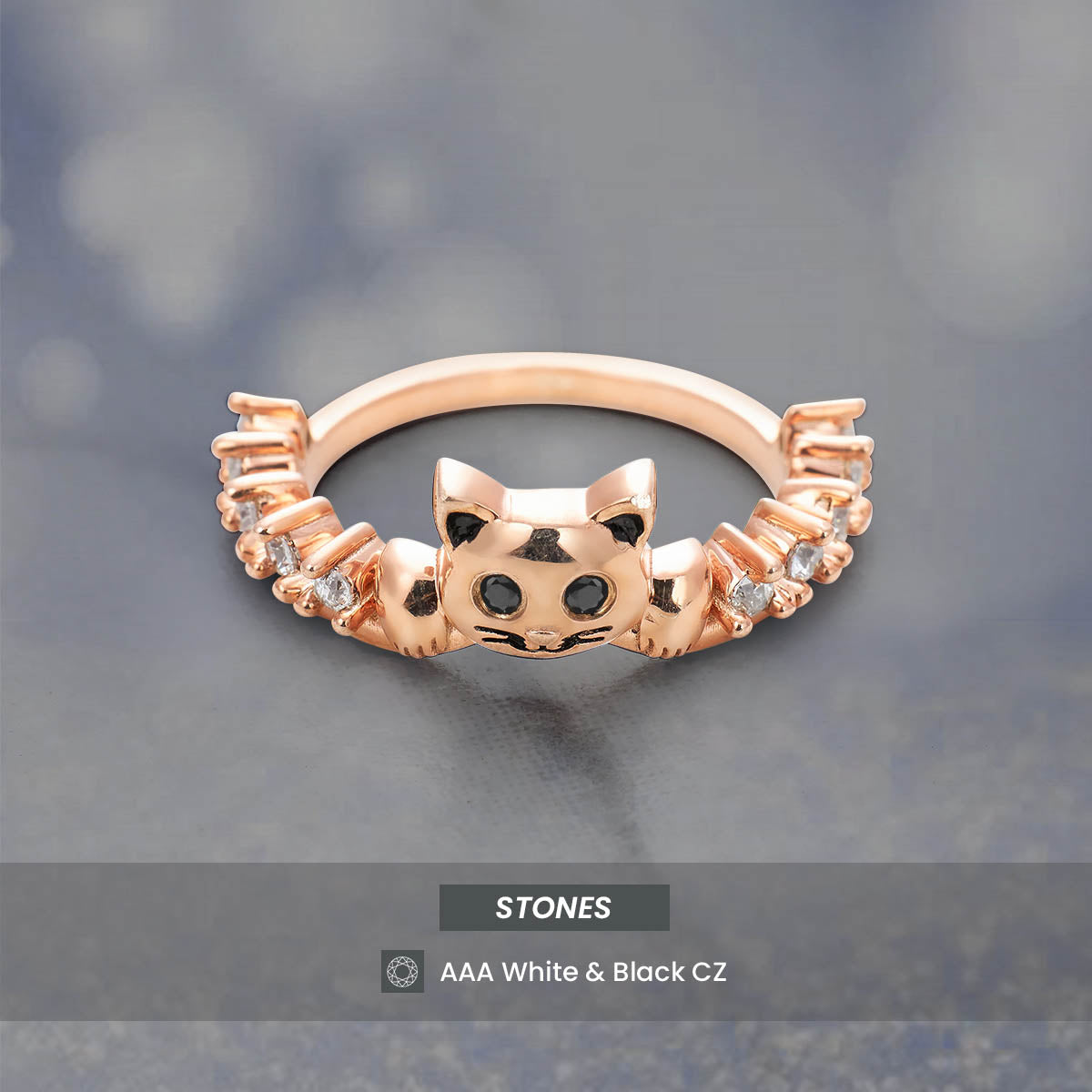 Diamond Cat Wedding Band Cute Kitty Cat Jewelry Stacking Band Sterling Silver Rose Gold White Gold