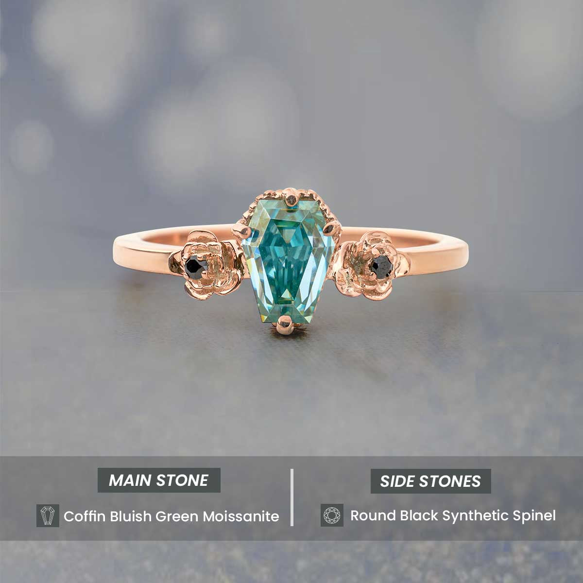 Fancy Colored Moissanite Ring Coffin Cut Engagement Rings Rose Gold Gothic Wedding Jewelry