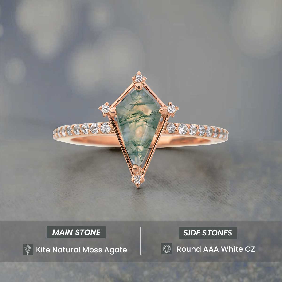 Kite Cut Moss Agate Ring Vintage Natural Gemstone Engagement Ring Rose Gold