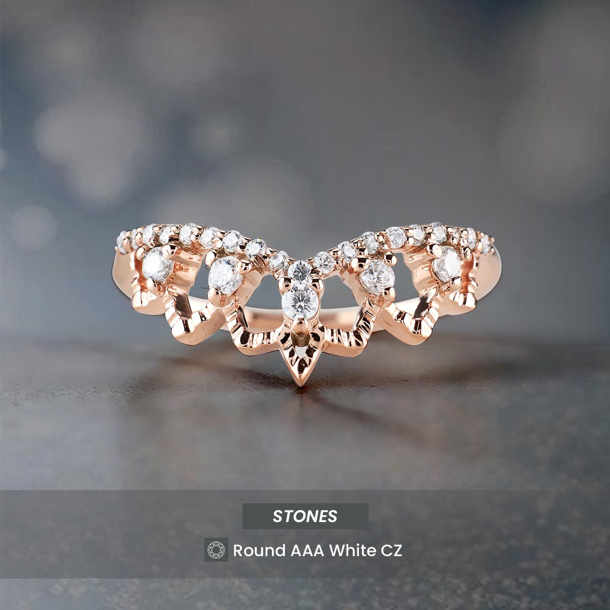 Art Deco Ring Enhancer CZ Tiara Wedding Band Crown Engagement Ring Rose Gold