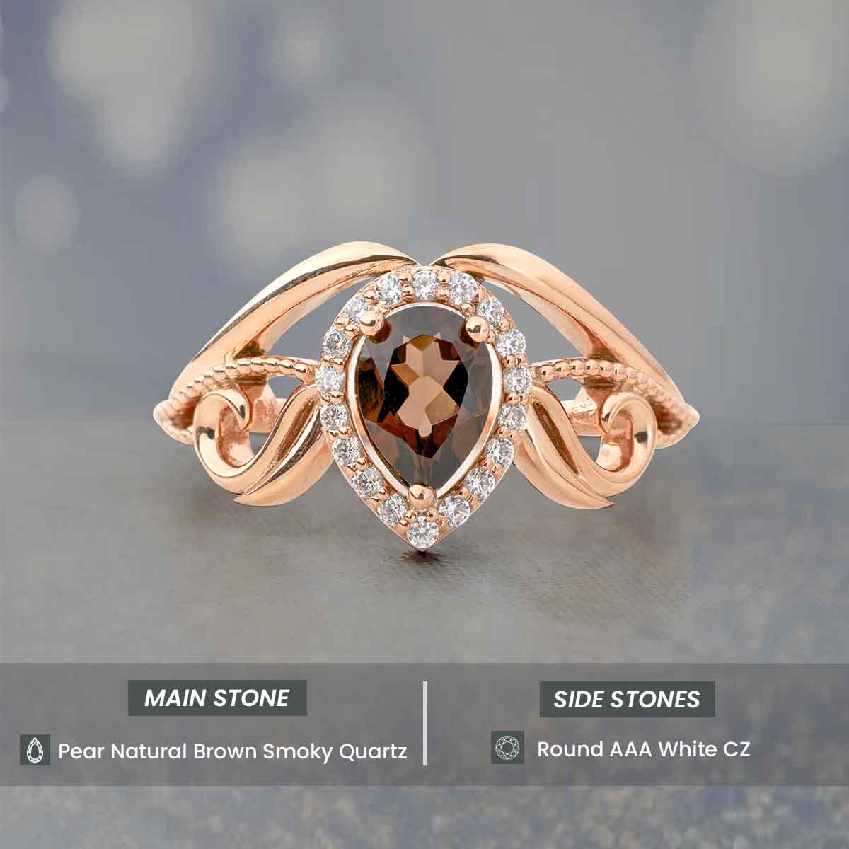 Pear Cut Smoky Quartz Ring Teardrop Brown Gemstone Vintage Engagement Ring Rose Gold