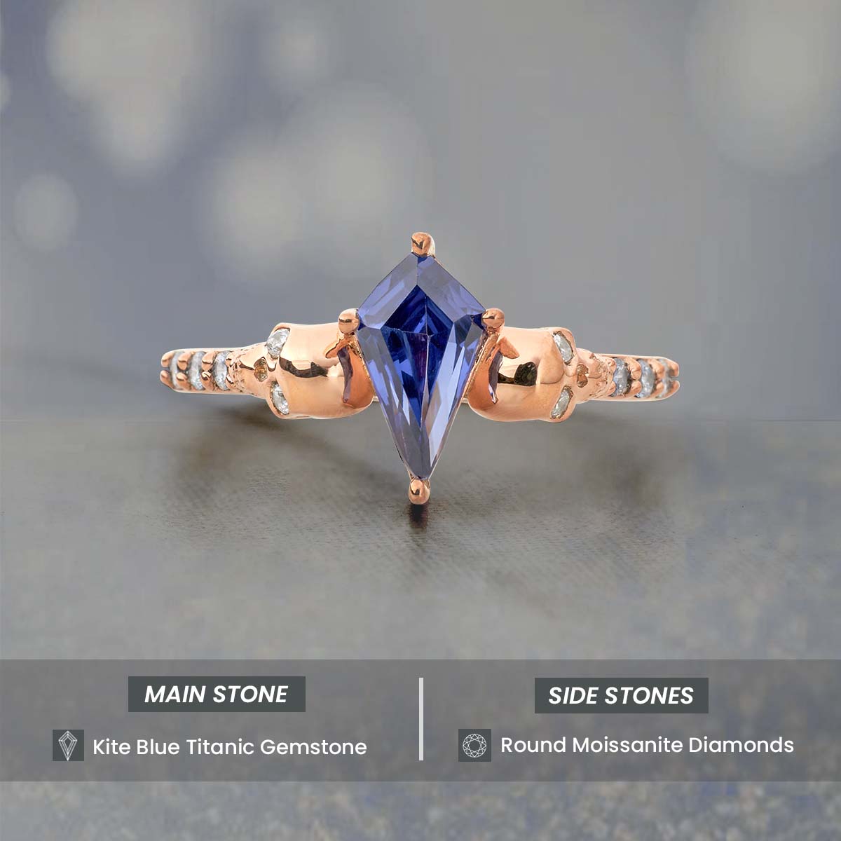 Women's Goth Skull Ring Blue Titanic Gemstone Kite Cut Engagement Rings Gothic Wedding Sterling Silver Rose Gold