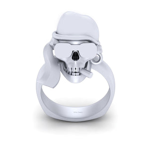 Silver Cowboy Skull Ring Wearing Goggles and Hat Smoking Cigar