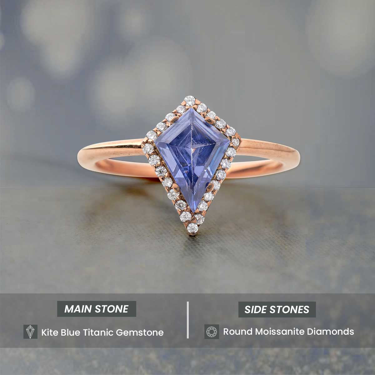 Kite Cut Halo Engagement Ring Blue Titanic Gemstone Rings Sterling Silver Rose Gold