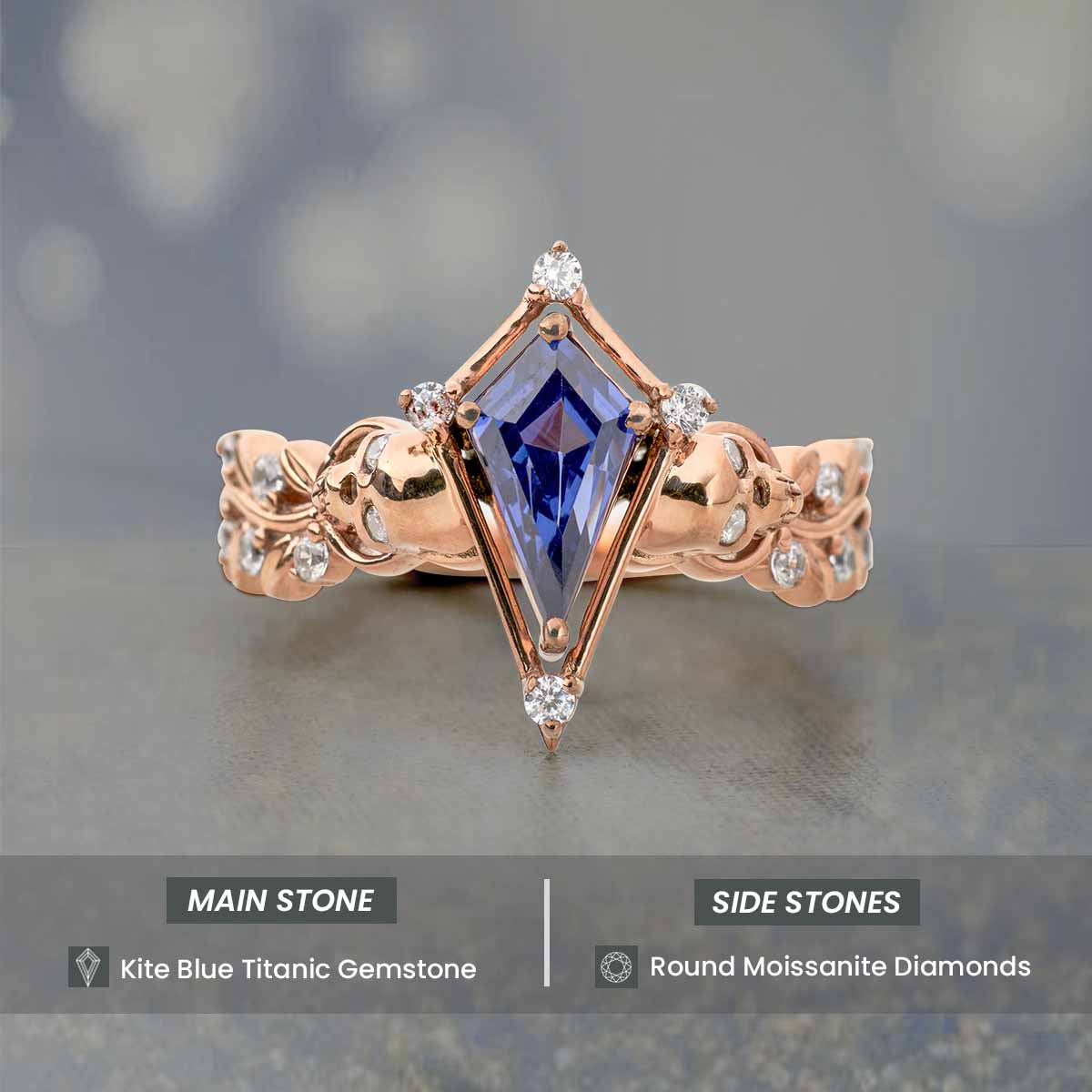 Kite Cut Blue Titanic Gemstone Art Deco Skull Engagement Ring