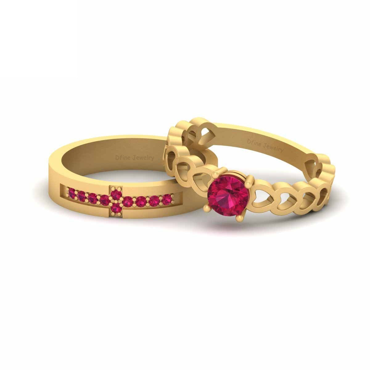 Ruby Heart Wedding Ring Set