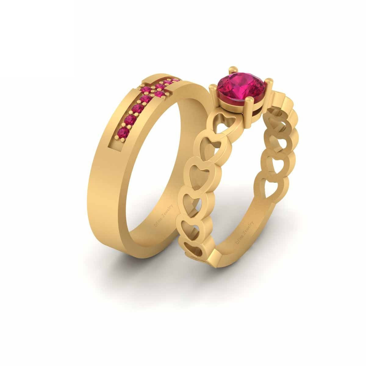 Ruby Heart Wedding Ring Set