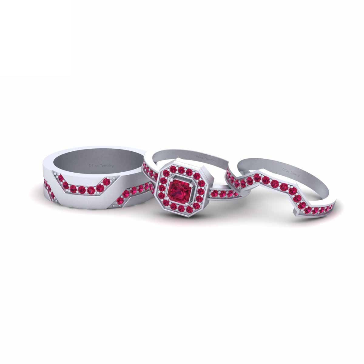Halo Ruby Matching Wedding Rings Set