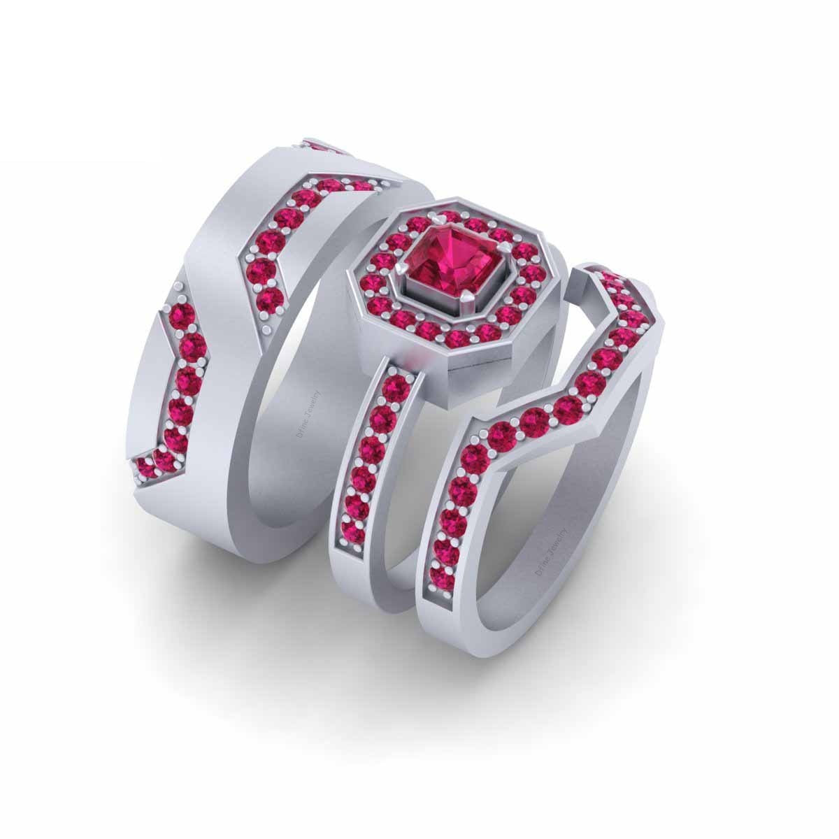 Halo Ruby Matching Wedding Rings Set