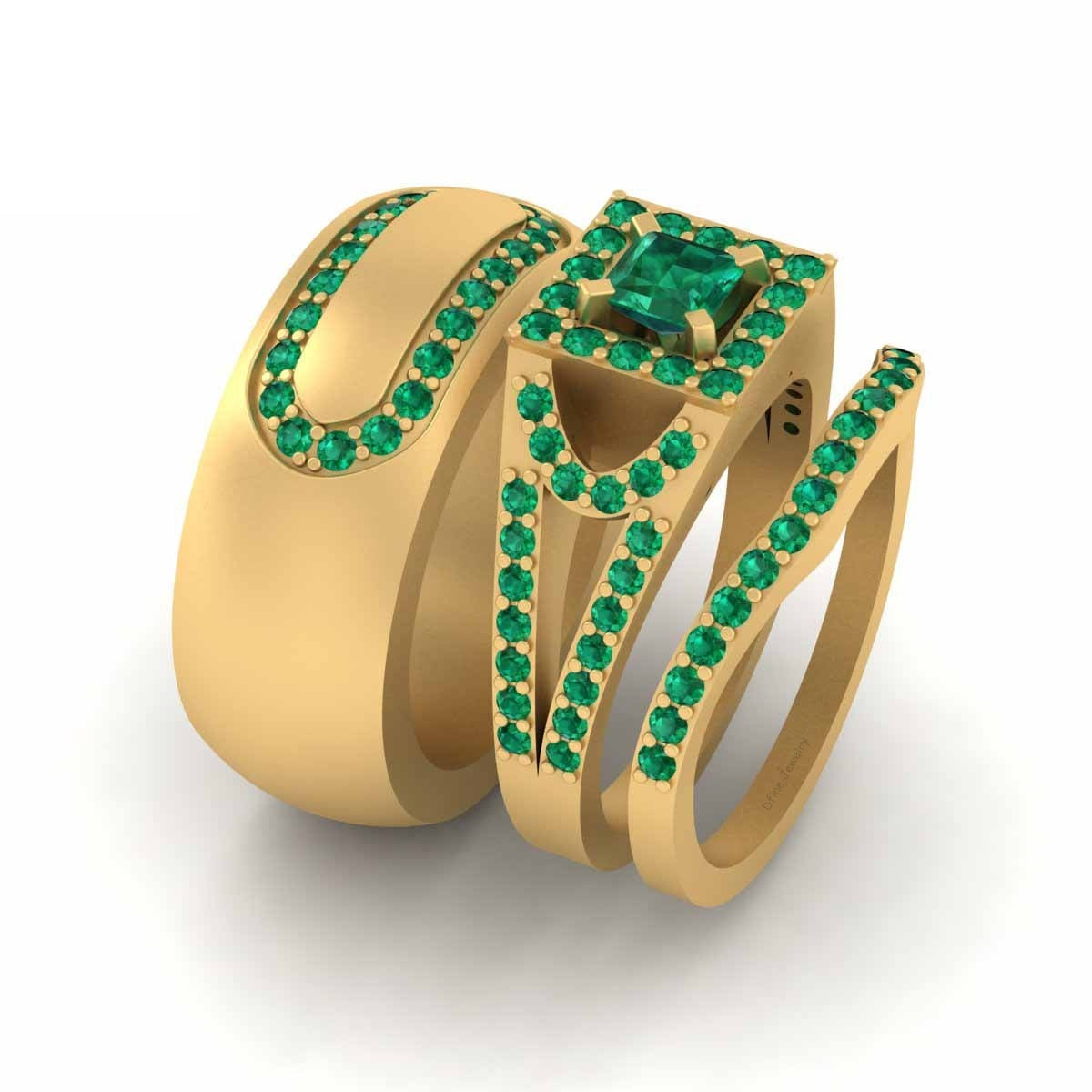 Halo Emerald Wedding Ring Set