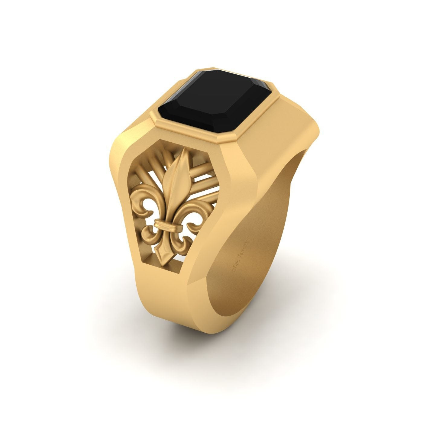 Gold Fleur-De-Lis Wedding Ring For Him Black Onyx Lily Flower Ring