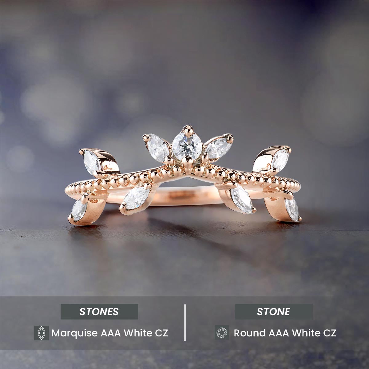 AAA CZ Enhancer Wedding Band Rose Gold Curved Stack Art Deco