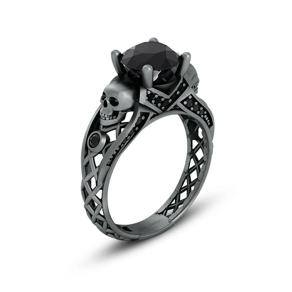Mesh Skull Engagement Ring Set Black Onyx Gun Metal Finish