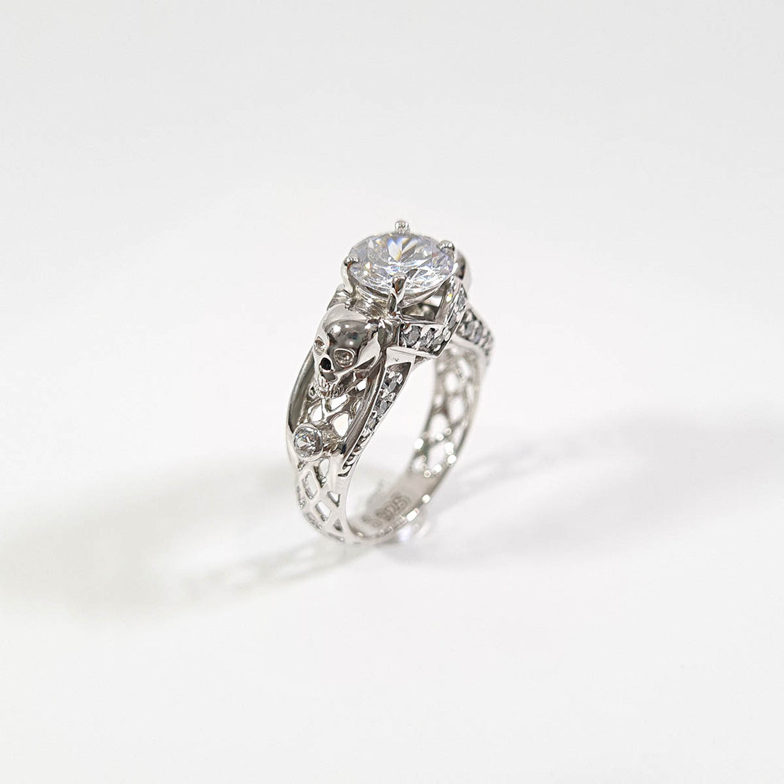 Diamond Skull Engagement Ring Silver Skull Ring Mesh Gothic