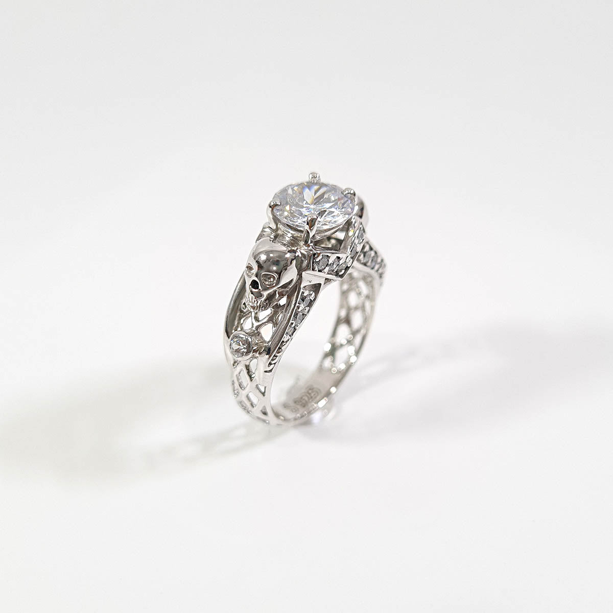 Diamond Skull Engagement Ring Silver Skull Ring Mesh Gothic