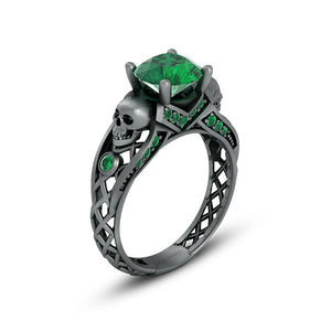 Emerald Skull Wedding Ring Silver Gothic Skull Ring Halloween Jewelry