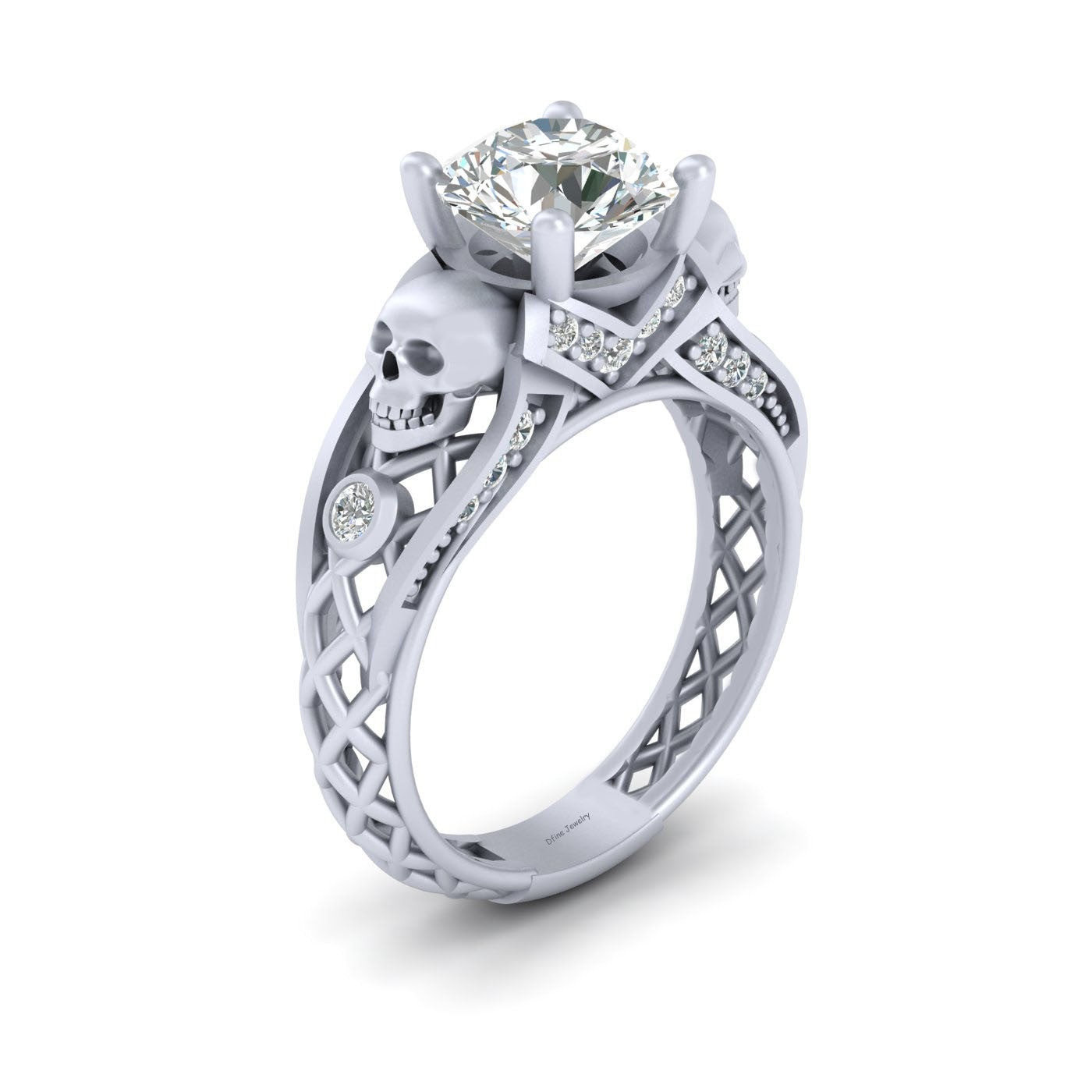 Diamond Skull Engagement Ring Silver Skull Ring Mesh Gothic