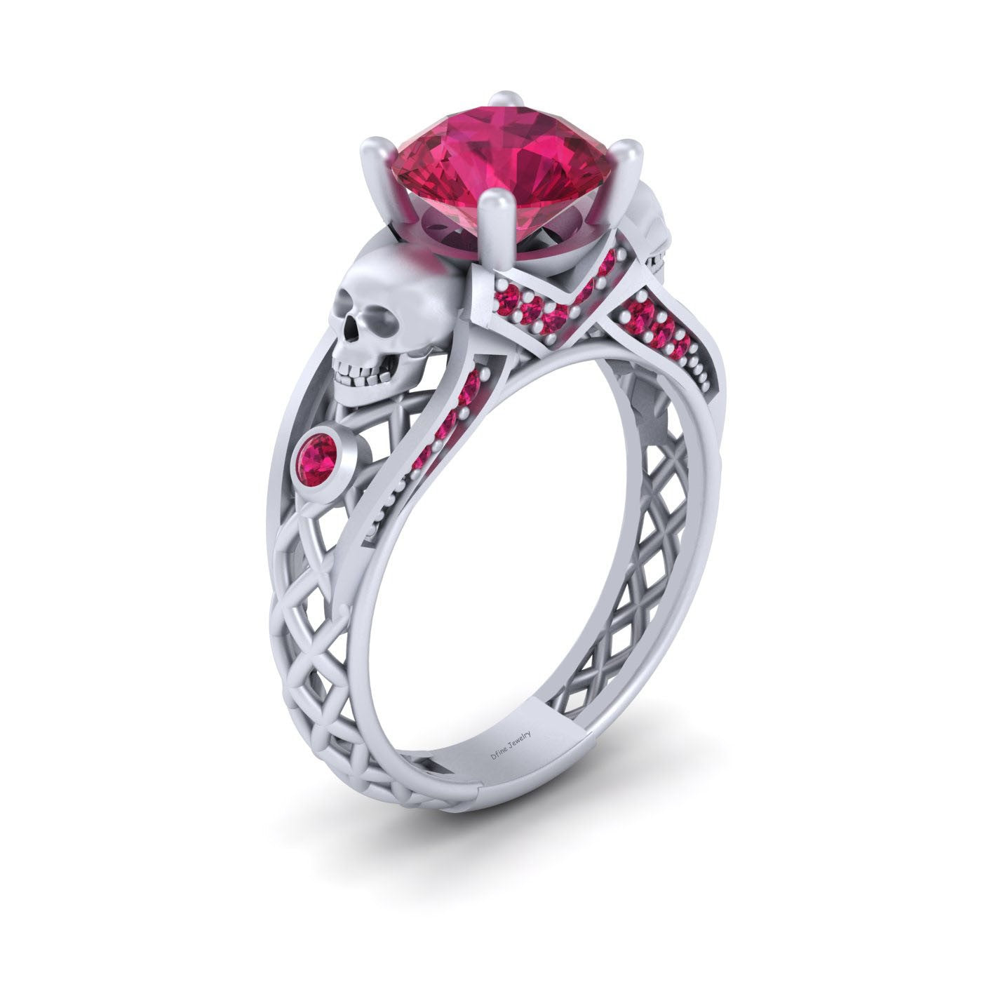 Ruby Skull Engagement Ring Criss Cross Mesh Skull Ring Silver