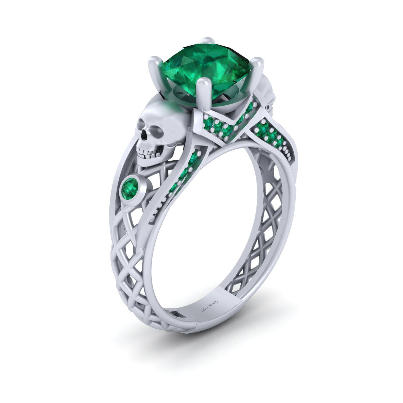 Emerald Skull Engagement Ring Criss Cross Mesh Skull Ring Gold