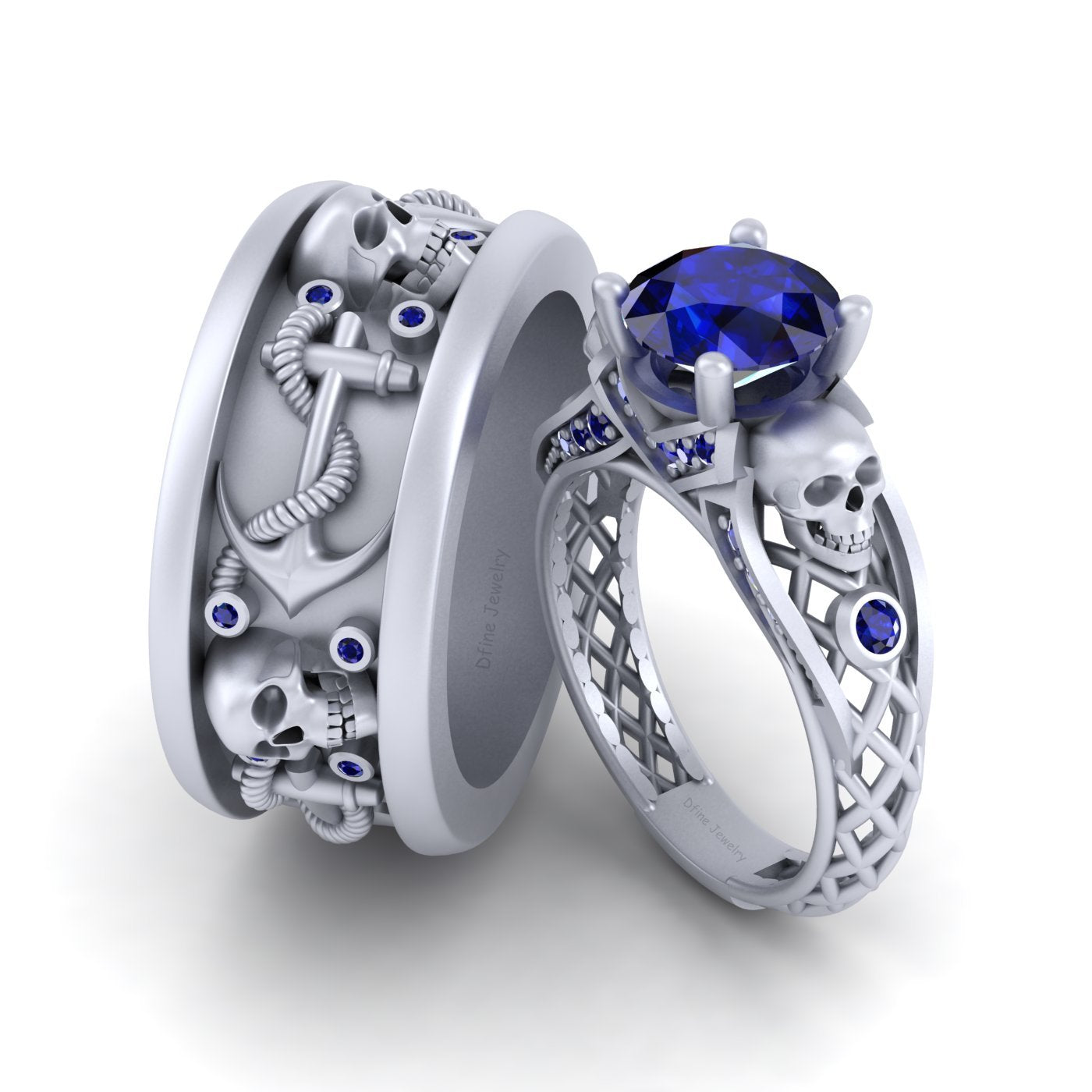 His and Her Skull Engagement Ring Set