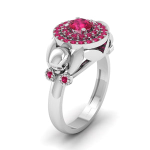 Ruby Gothic Wedding Ring Double Halo Skull Ring Womens Gold