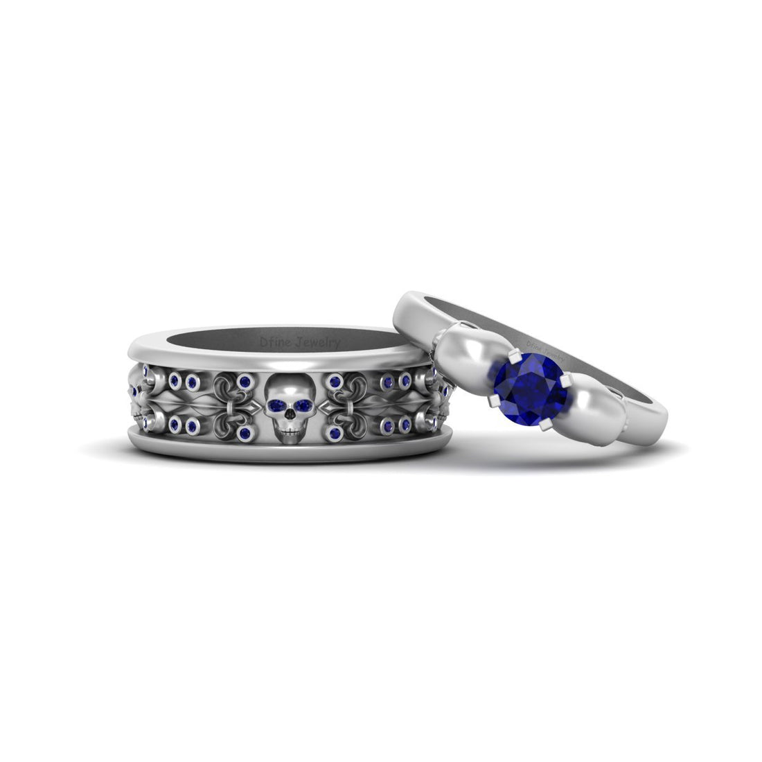 Sapphire Flower Skull Wedding Rings