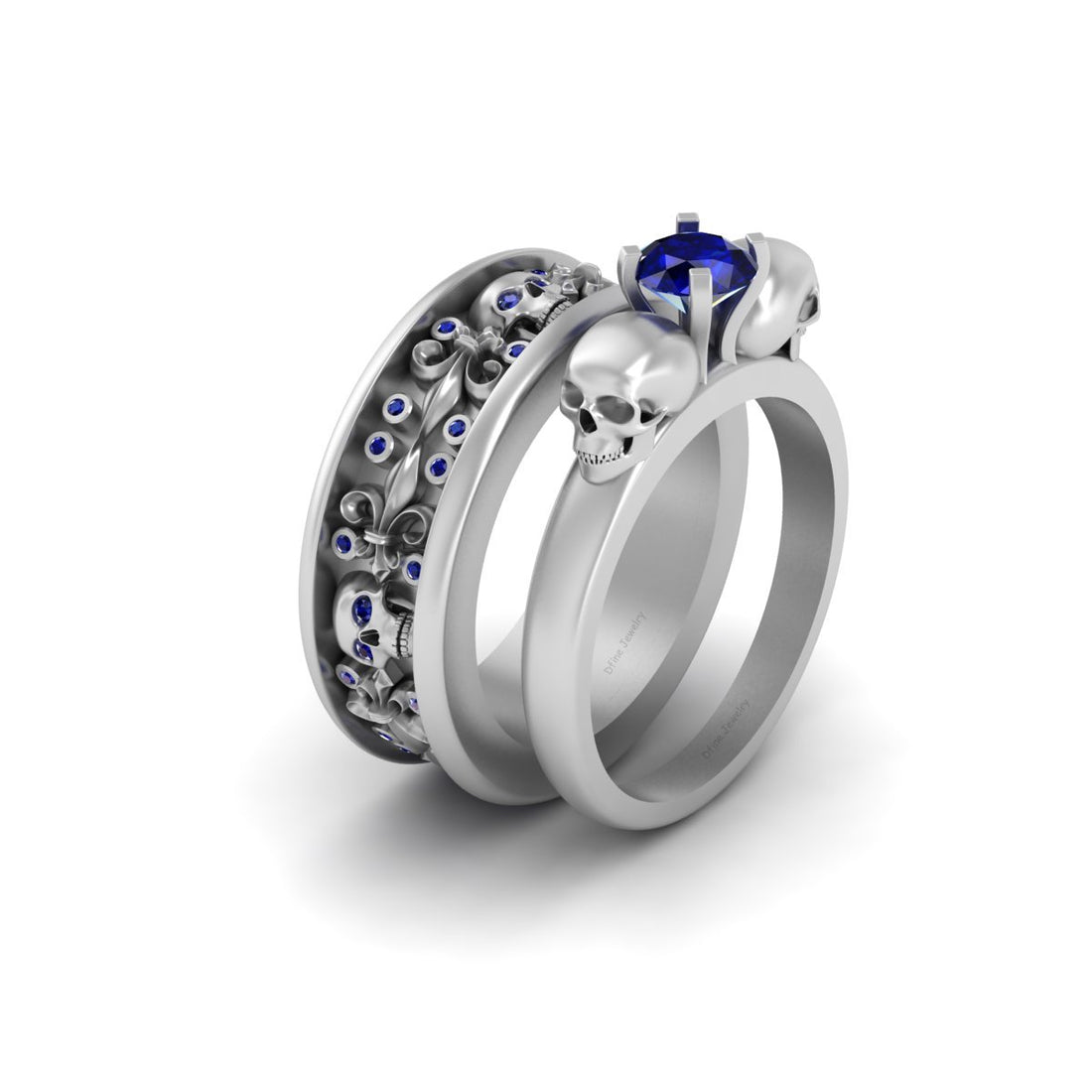Sapphire Flower Skull Wedding Rings
