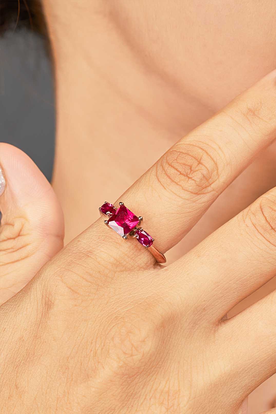 3 Stone Ruby Ring Pink Gemstone Oval Princess Cut Engagement Ring Rose Gold White Gold Sterling Silver