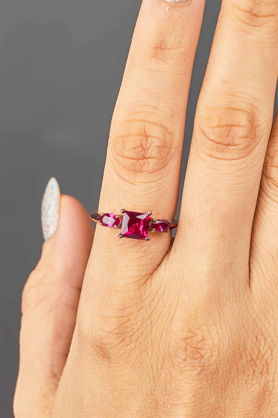 3 Stone Ruby Ring Pink Gemstone Oval Princess Cut Engagement Ring Rose Gold White Gold Sterling Silver