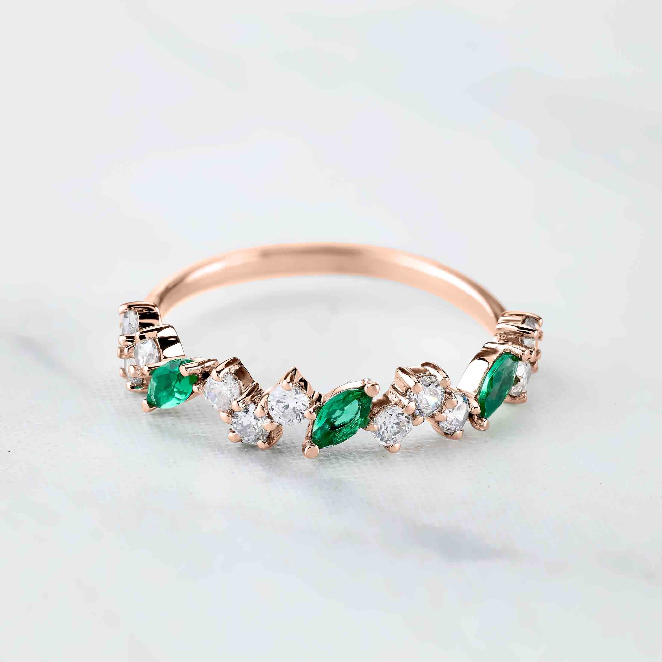Wedding Bands Marquise Cut Green Emerald Round Diamond Eternity Band Promise Anniversary Ring Rose Gold White Gold
