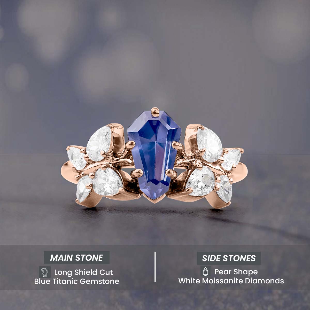 Blue Titanic Gemstone and Teardrop Moissanite Butterfly Ring
